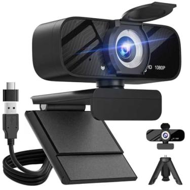Imagem de Webcam HD 1080p com microfone, cancelamento de ruído, capa de privacidade, lente grande angular, correção automática de luz, webcam USB Plug & Play para laptop, desktop, PC, Mac, zoom, Skype
