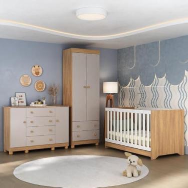 Imagem de Quarto de Bebê Completo com Berço Americano 3 em 1 Allegra Multimóveis Mp4594 Madeirado/off White