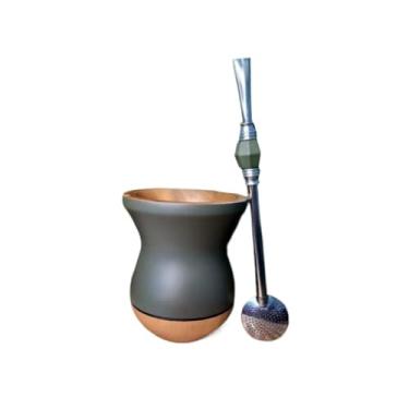 Imagem de TaçAs de Vinho, Copos de Mate,Cuia Chimarrao，Kit Cuia Madeira Bicolor Premium Bomba Inox ，Cuia de ChimarrãO(BB Verde Militar + Bomba Pedra)