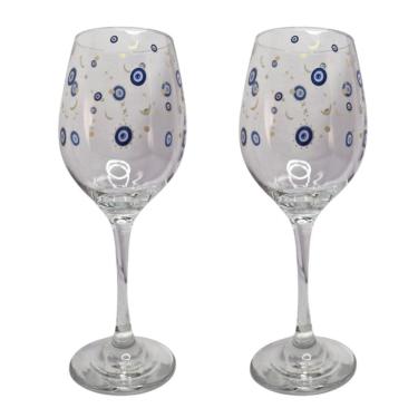Imagem de Kit 2 Taças De Vidro Grande 490Ml Vinho Água Olho Grego