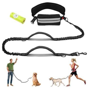 Imagem de Coleira de cachorro mãos livres, guia de corrida para cães com 2 alças e bolsa, correia elástica de nylon para cães com cinto e alça acolchoada com listras refletivas para corrida, caminhada, corrida