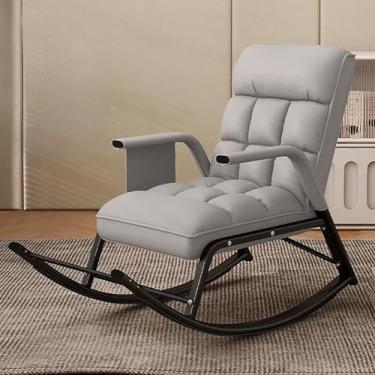 Imagem de FENOKD Cadeira de balanço estofada moderna com encosto alto ajustável e apoio para os pés poltrona relaxante com bolso lateral para sala de estar quarto cinza escuro (cinza claro um tamanho único)