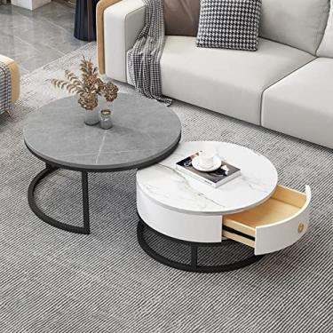 Imagem de JYXYXSCP Conjunto de 2 mesas laterais com armazenamento de gaveta, mesa de centro moderna de textura de mármore de ardósia para decoração de sala de estar (moldura preta + cinza + branco)