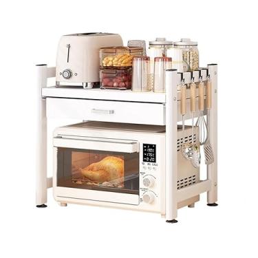 Imagem de HHHJQFAAT Prateleira de metal para forno de micro-ondas de 2 camadas, suporte de micro-ondas com gaveta de armazenamento, prateleira de micro-ondas de aço carbono para balcão de cozinha, organizador