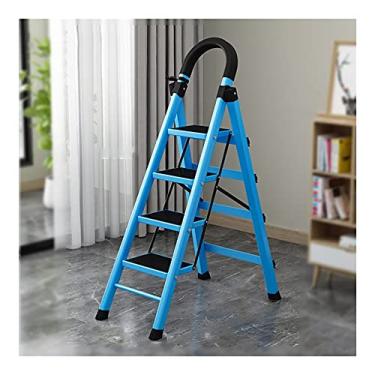 Imagem de Escadas dobráveis com 4 degraus escada com corrimãos e mini prateleira de ferramentas escada de metal portátil para interior e exterior 150 kg classificação de peso escada resistente (cor: 1 peça