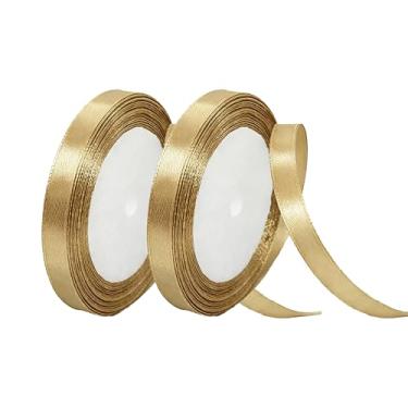 Imagem de Pacote com 2 fitas de cetim, ouro champanhe, 1 cm x 24 jardas (40 jardas no total), para buquês, embrulho de presente, casamento, Natal, Dia de Ano Novo, Dia dos Namorados, aniversários, etc