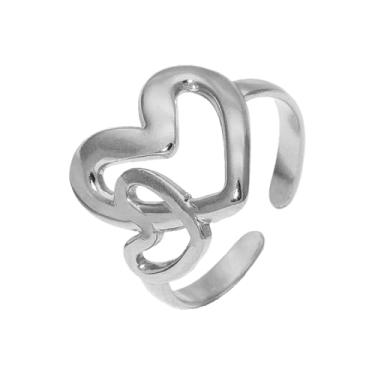 Imagem de OIDIMS Anéis ajustáveis de coração duplo de amor para mulheres, aço inoxidável, compromisso, amor, noivado, aliança aberta de casamento, anel de dedo delicado eternidade, joia de aniversário para