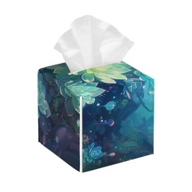 Imagem de Porta-lenços de papel quadrado de couro, impermeável, floral, mandala, azul, organizador de papel facial com cinto inferior, estojo de lenços para mesa, banheiro, escritório, mesa, carro, decorativo