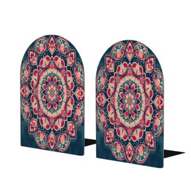 Imagem de Suportes de livros de madeira grandes de damasco étnico vermelho decorativo antiderrapante resistente terminais de livros para mesa de escritório em casa biblioteca de estudo escolar divisórias de