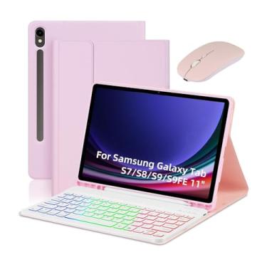 Imagem de Kit de Teclado e Mouse para Capa Tablet Galaxy Tab S7 S8 S9 S9FE 11 Polegadas com Slot Caneta Iluminação Colorida Recarregável Suporte Protetora Desmontável Ângulos Múltiplos