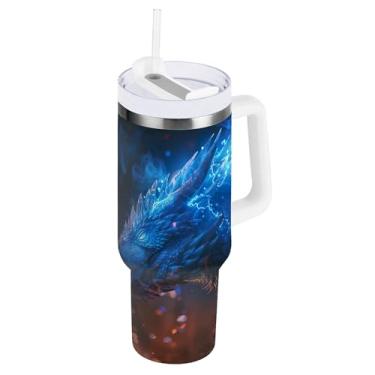 Imagem de xigua Copo vintage com estampa de dragão de 850 g com tampa e canudo, aço inoxidável de vácuo duplo isolado garrafa de água esportiva suporte para copo de café de viagem à prova de vazamento para