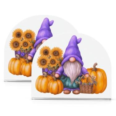Imagem de ATTX Pacote com 2 porta-guardanapos de acrílico de Ação de Graças com design de abóboras girassóis e gnomos - Organizador decorativo de mesa para cozinha, restaurante, decoração de férias de casa #423