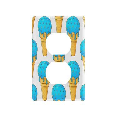 Imagem de Blueangle Placa de parede dupla para sorvete azul Doodle, tamanho padrão, placas de cobertura de tomada elétrica de 1 gangue para decoração de quarto de escritório em casa, 4,53 x 2,76 polegadas (304)