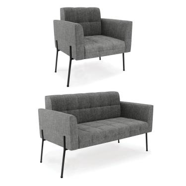 Imagem de Sofá Namoradeira E Poltrona Base Pé De Ferro Preto Elisa Linho Grafite A26 D03 - D'rossi