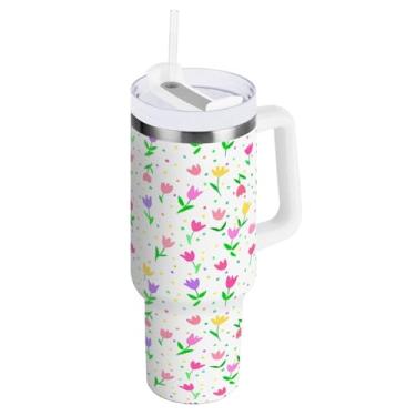 Imagem de Kigai Copo de 1,134 g com alça, lindos copos isolados de tulipas com tampa e canudo, garrafa de água esportiva de metal grande, caneca de café de viagem de aço inoxidável