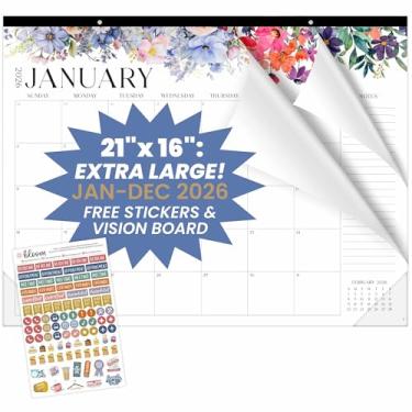Imagem de bloom daily planners Calendário de mesa 2026 – Calendário de parede grande de janeiro a dezembro – 53 cm x 40 cm para mesa e agenda mensal suspensa com adesivos para casa ou escritório – Florais