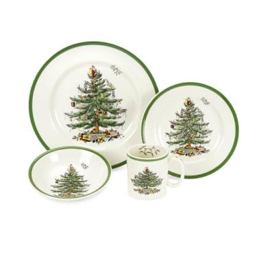 Imagem de Spode Conjunto de utensílios de jantar de 4 peças para árvore de Natal – Utensílios de mesa de cerâmica fina – Seguro para lava-louças e micro-ondas, pratos festivos de Natal, tigelas, caneca –