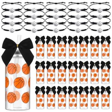 Imagem de Skylety Conjunto de 20 lembrancinhas de festa de basquete, 20 peças de copos reutilizáveis de plástico de 382 g com tampa e palha, 20 peças de pulseiras para presentes de equipe de basquete