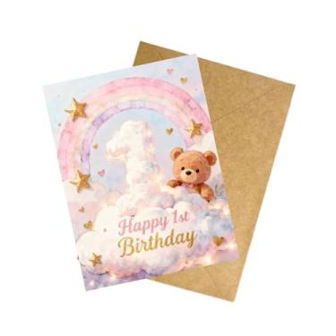 Imagem de Liisaho Presentes de aniversário de 1 ano - Ursinho fofo e arco-íris 1º cartão de aniversário menina para filha, sobrinha ou neta – primeiro cartão de presente para bebê menina, lembrança fofa