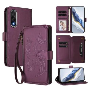 Imagem de Capa carteira para OnePlus Nord 5 5G com porta-cartão, bolso com zíper e alça longa - capa fólio de couro com fecho magnético, suporte, capa feminina anti-impressão digital (roxo escuro)