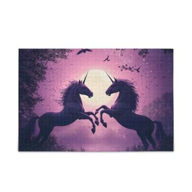 Imagem de Quebra-cabeças de 1000 peças de unicórnios de madeira roxa e papel com bolsa de armazenamento quebra-cabeças divertidos para adultos