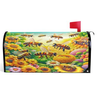Imagem de TSENQUE Capas de caixa de correio de outono magnéticas sazonais abelhas amarelas florais vinil caixa de correio envoltório inverno moderno decoração de jardim tamanho padrão 52,56 x 45,8 cm