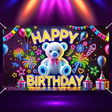 Imagem de BlissYard Banner de feliz aniversário neon que brilha no escuro 189 x 109 cm pano de fundo de urso de pelúcia branco fofo luzes de néon decorações de festa de aniversário suprimentos para festas de