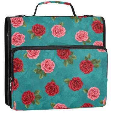 Imagem de 3 fichários para fichários de 3,8 cm, rosas, folhas verdes, azul-petróleo com zíper, bolsa organizadora com alça para portfólio de documentos escolares e porta-pastas, 34,5 x 31,5 x 9 cm