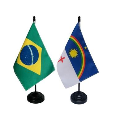 Imagem de Kit Bandeira de Mesa Brasil e Pernambuco, Decorativa, Dupla Face, Multicolorido, 19x13cm, Base Preta, Escritório e Eventos, Tecido Oxford, 26cm Altura
