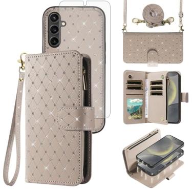 Imagem de Capa carteira compatível com Samsung Galaxy S24 5G com zíper removível para celular e protetor de tela transversal alça de cordão com glitter flip porta-cartão slot capa de telefone para S 24 24