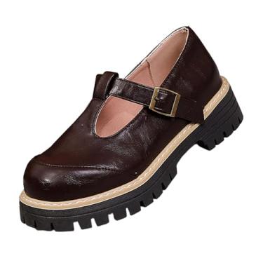 Imagem de Tênis feminino versátil legal e elegante plus size com fivela de cinto de cabeça redonda e novo estilo britânico sola grossa sapatos de couro pequenos, Marrom, 6.5