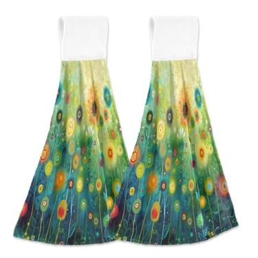 Imagem de xigua Conjunto de 2 toalhas de cozinha coloridas de flores silvestres, toalhas de cozinha macias e absorventes rápidas com laço para pendurar e adesivos mágicos, toalhas de mão de pano para pendurar