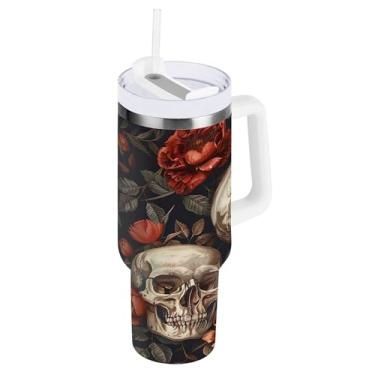 Imagem de SEHANY Copo de caveira e rosas de 1,18 l com alça, copo isolado de aço inoxidável a vácuo de parede dupla, à prova de vazamento, caneca de café isolada para viagem cabe no suporte de copo de carro