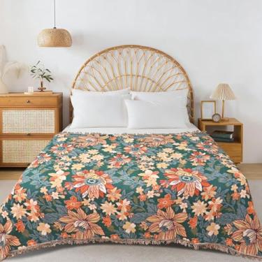 Imagem de Shesyuki Cobertor Boho para sofá-cama, 100% algodão, macio, rústico, colcha com borla, 224 cm x 248 cm, decoração boêmia supermacia, reversível, para sofá-cama, cobertor para todas as estações (floral