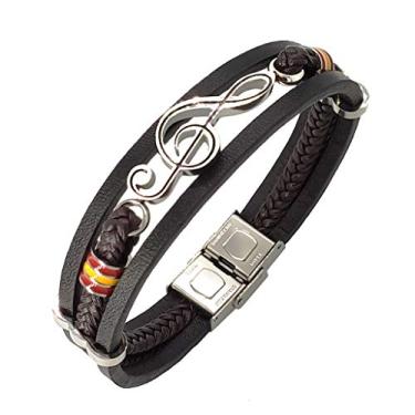 Imagem de Titruebe Pulseira masculina de couro trançado, pulseira, nota musical, clave de agudos, presente punk para ele, Couro, Sem Pedra Preciosa