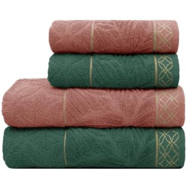 Imagem de Kit 4 Toalhas 100% Algodão – 2 Banho Grandes + 2 Rosto Absorventes, Macias e Felpudas para Uso Diário (Telha | Verde Amazônia)