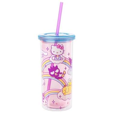 Imagem de Silver Buffalo Sanrio Hello Kitty and Friends com Badtz-Maru, Kuromi, Pompompurin, Keroppi, Chococat, My Melody e Cinnamoroll Rainbows And Clouds, copo frio de plástico com tampa e canudo, 590 ml