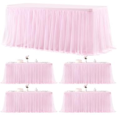 Imagem de Pacote com 4 toalhas de mesa rosa para mesas retangulares de 2,3 m, toalha de mesa de tule, toalha de mesa rosa, retangular, 2,4 m, elastano elástico, capas de mesa para chá de bebê, meninas, festa de