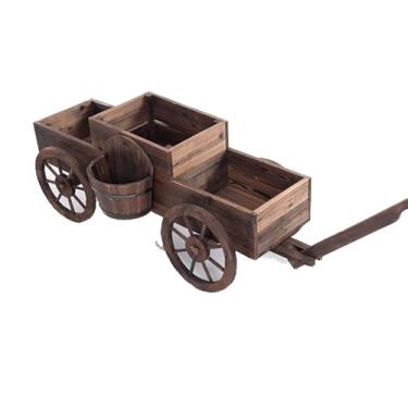 Imagem de Vasos de plantas Vaso de flores rotativo madeira criativo, quatro rodas, vagão, caixa, pátio ao ar livre, suporte decorativo