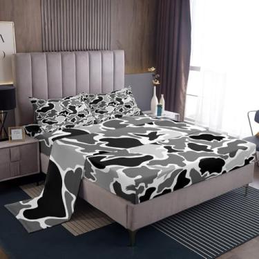 Imagem de Feelyou Jogo de lençol solteiro de caçador de pato cinza camuflado, preto e marrom com bolso alto, para meninos e adolescentes, lençol com elástico alto, para decoração de quarto