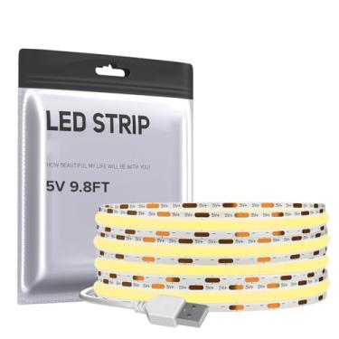 Imagem de Fita de luzes LED COB alimentada por USB DC5V 9,84FT 320LEDs branco 3000K 8 mm largura alta CRI 90+ 5V 7W/m flexível alta densidade para TV retroiluminação PC quarto cozinha decoração de casa
