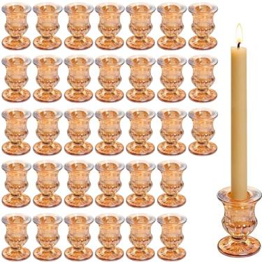 Imagem de 48 peças de castiçais cônicos de vidro transparente, suportes pequenos de 6 cm, centros de mesa elegantes para casamento, Natal, Dia dos Namorados, festa, decoração de casa e sala de jantar (âmbar)