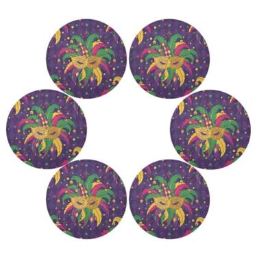 Imagem de Wassud Jogo americano conjunto de 6 tapetes de mesa redondos de carnaval para cozinha e jantar tapetes laváveis resistentes ao calor para decoração de mesa 39 cm