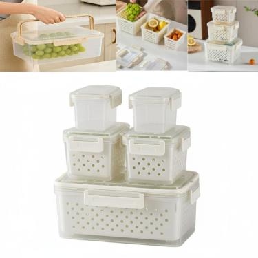 Imagem de Kit 5 Potes Hermeticos Organizador Geladeira Escorredor Interno Marmita Fitness Plastico Tampa Trava Legumes Frutas Verd