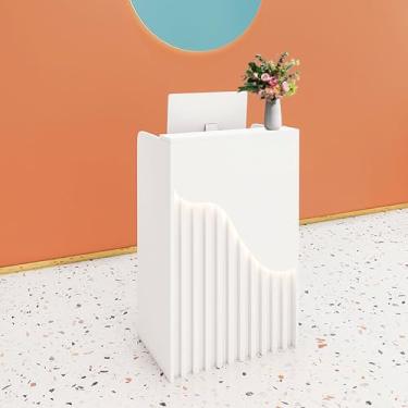 Imagem de Balcão de varejo moderno com gavetas, mesa de recepção com luz ambiente de LED, mesa de caixa para casa, escritório, salão, spas e lobby - branco (60 x 40 x 96 cm)