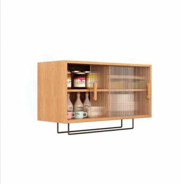 Imagem de Armário de parede de madeira maciça com portas de vidro temperado - Solução de armazenamento simples para jantar, cozinha, banheiro e quarto - Armário lateral elegante para organização doméstica