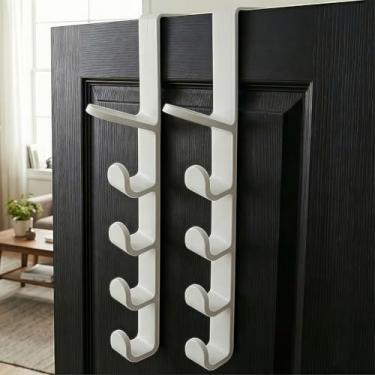 Imagem de 2 pacotes de ganchos acima da porta, 6 pinos, organizador de cabides de plástico sem broca para banheiro, quarto, armário, cozinha, ganchos utilitários resistentes para toalhas, roupões, bolsas