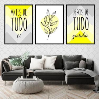 Imagem de Kit 3 Quadros Decorativos Fé E Gratidão Amarelo 45X34Cm