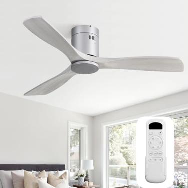 Imagem de Sofucor Ventilador de teto, 132 cm, perfil baixo, DC, 3 lâminas de madeira esculpida, montagem embutida, sem ruído, motor reversível, controle remoto, sem luz, prata + cinza