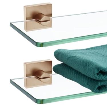 Imagem de KOKOSIRI Prateleira de vidro temperado, prateleiras flutuantes de parede de 50 cm, rack de banheiro, cozinha, chuveiro, armazenamento, 2 unidades, champanhe, bronze, aço inoxidável, B1107CPG-L20-P2